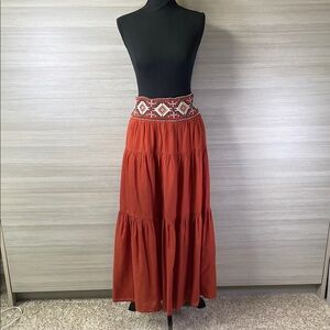 Anthropologie Terracotta Tiered Maxi Skirt with Embroidered and Beaded Waistband